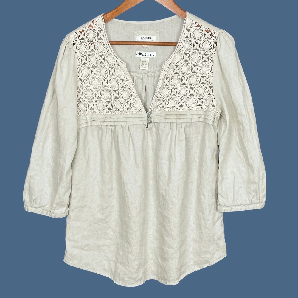 Malvin Boho 100% Linen Crochet Lace Top Womens S Coastal Chic Minimalist Peasant